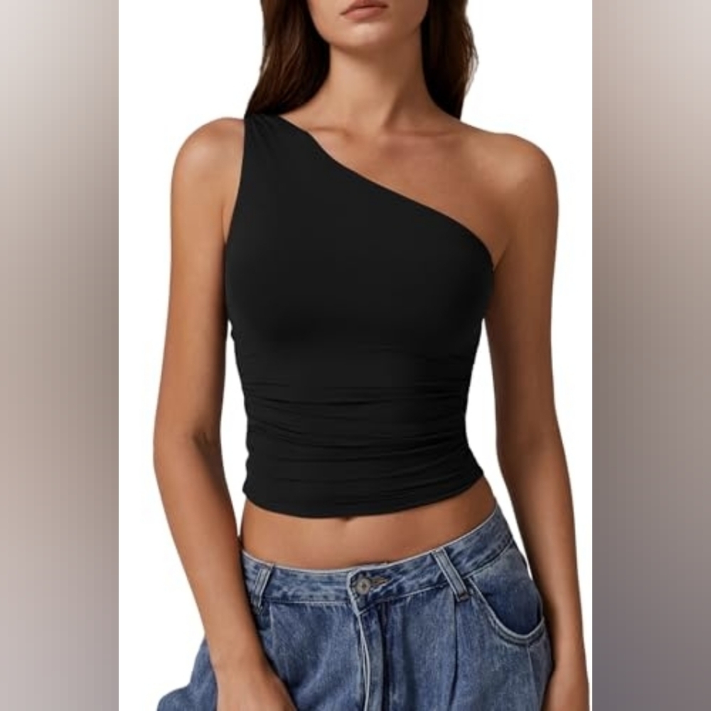 Nwt Qinsen Black One-Shoulder Slim Fit Crop Top Scrunch Sides Large - Picture 7 of 10